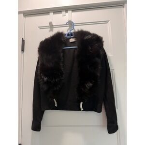 VTG 50s Pam Stewart Black Wool Fur Cardigan Sweater Rhinestone Pearl Small